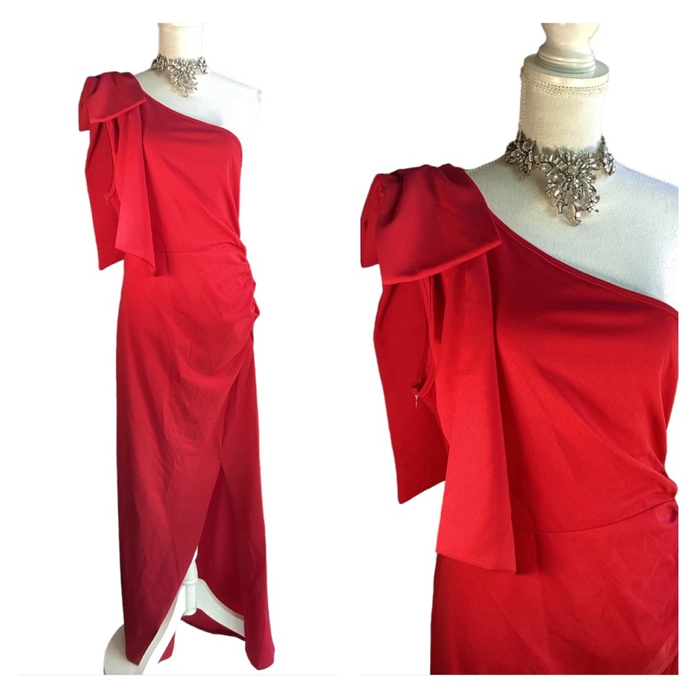 Women’s One-Shoulder Red Evening Dress with Draped Bow